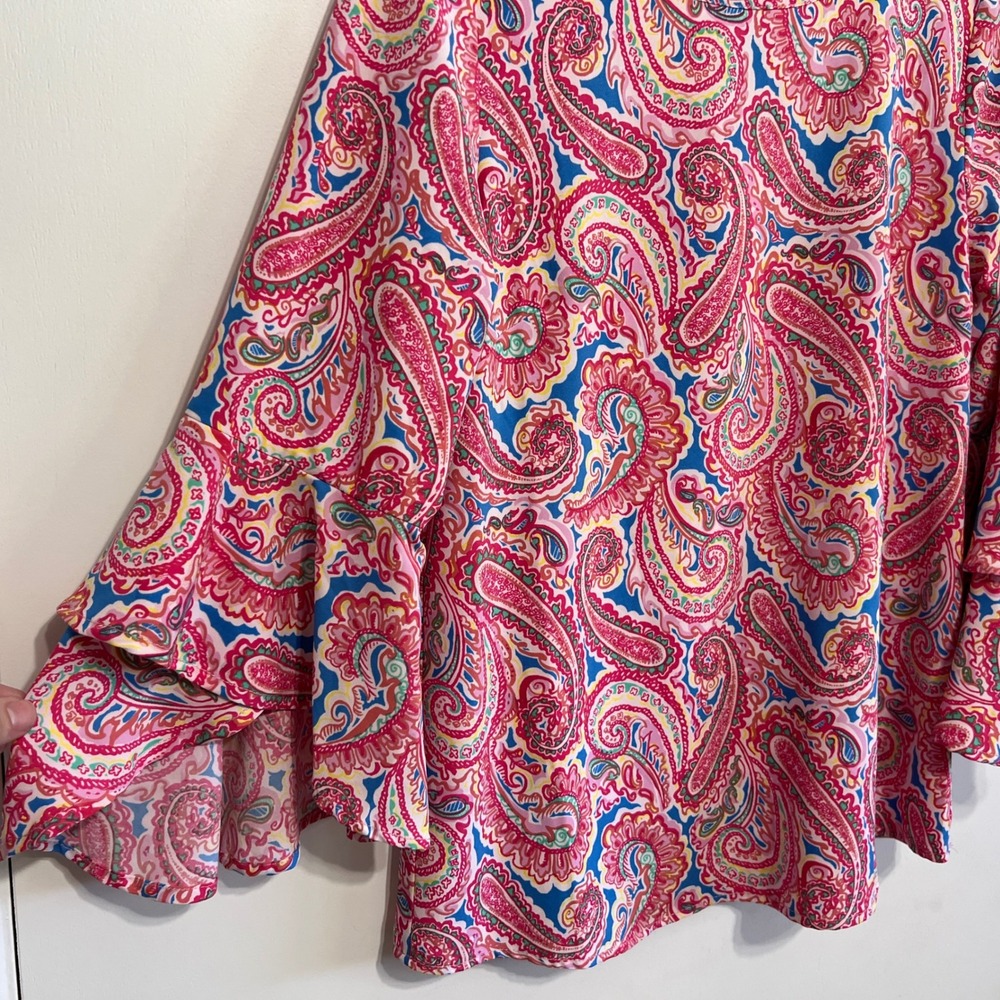 Belle by Kim Gravel Pink Paisley Tiered Bell Sleeve Blouse XXS Pink Blue Multi - Picture 4 of 7
